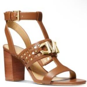 Michael Kors Izzy T-Strap Dress Sandals brown‎ leather shoes Block heal size 5.5
